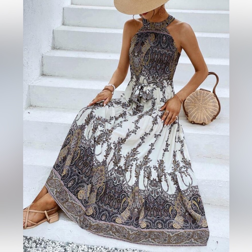 Boho Floral Paisley Print Sleeveless Halter Dress - Picture 1 of 6